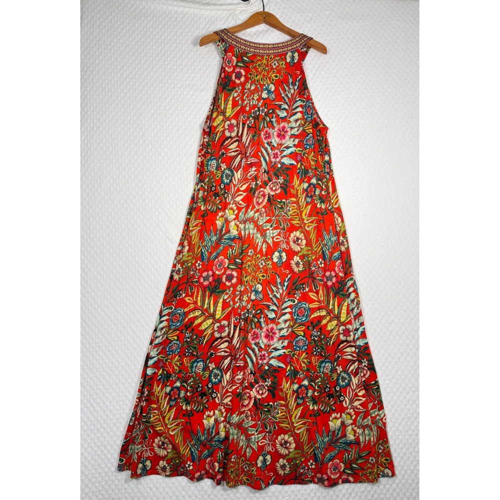 Soft Surroundings Red Floral Embroidered V-Neck Maxi Dress Pockets 1X 5EF18 - Picture 2 of 8
